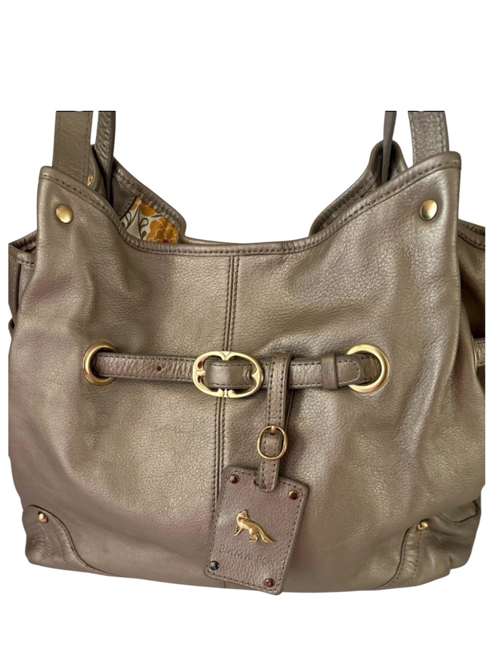 Emma Fox hobo handbag featuring metallic pewter leather,signature fox logo charm